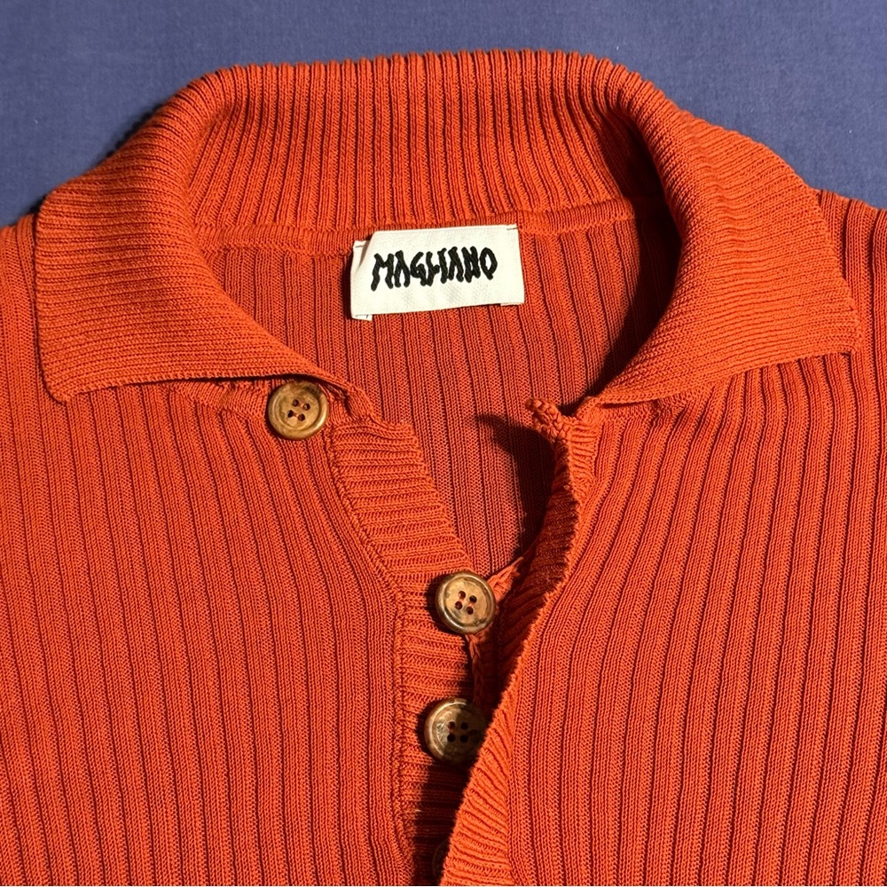 Magliano burnt orange ribbed long-sleeve knit polo, men’s size medium - Picture 5 of 6